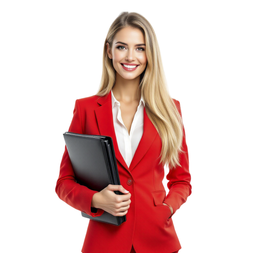 A beautiful young woman in a red suit holding a folder png