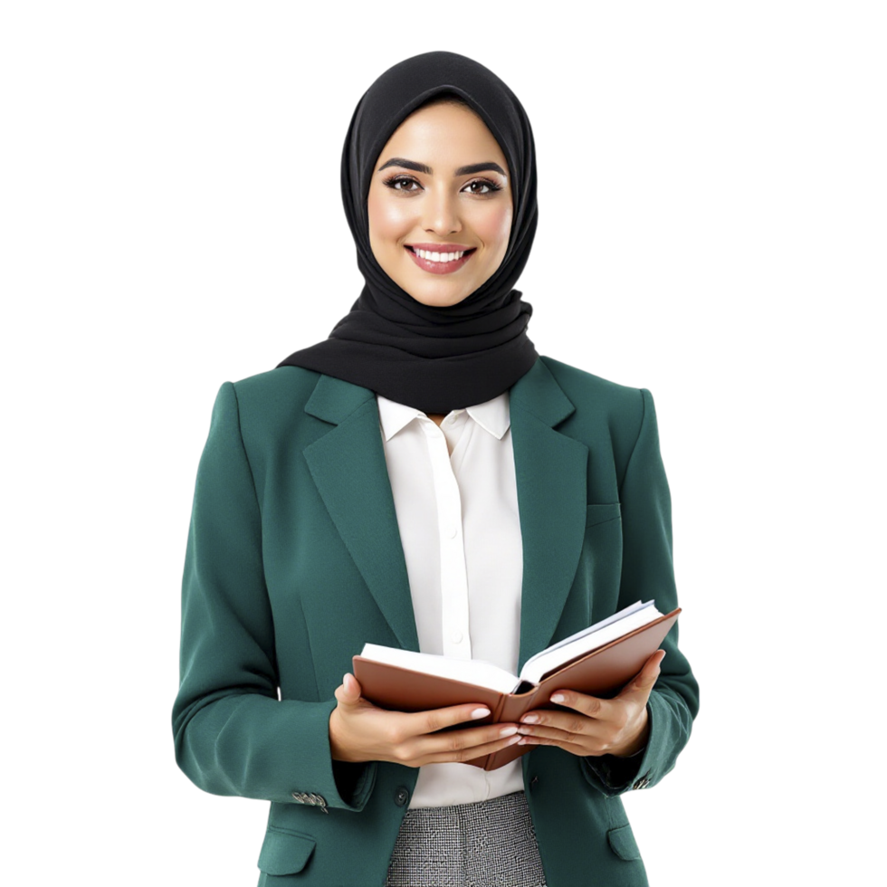 Young muslim woman in hijab holding a book png