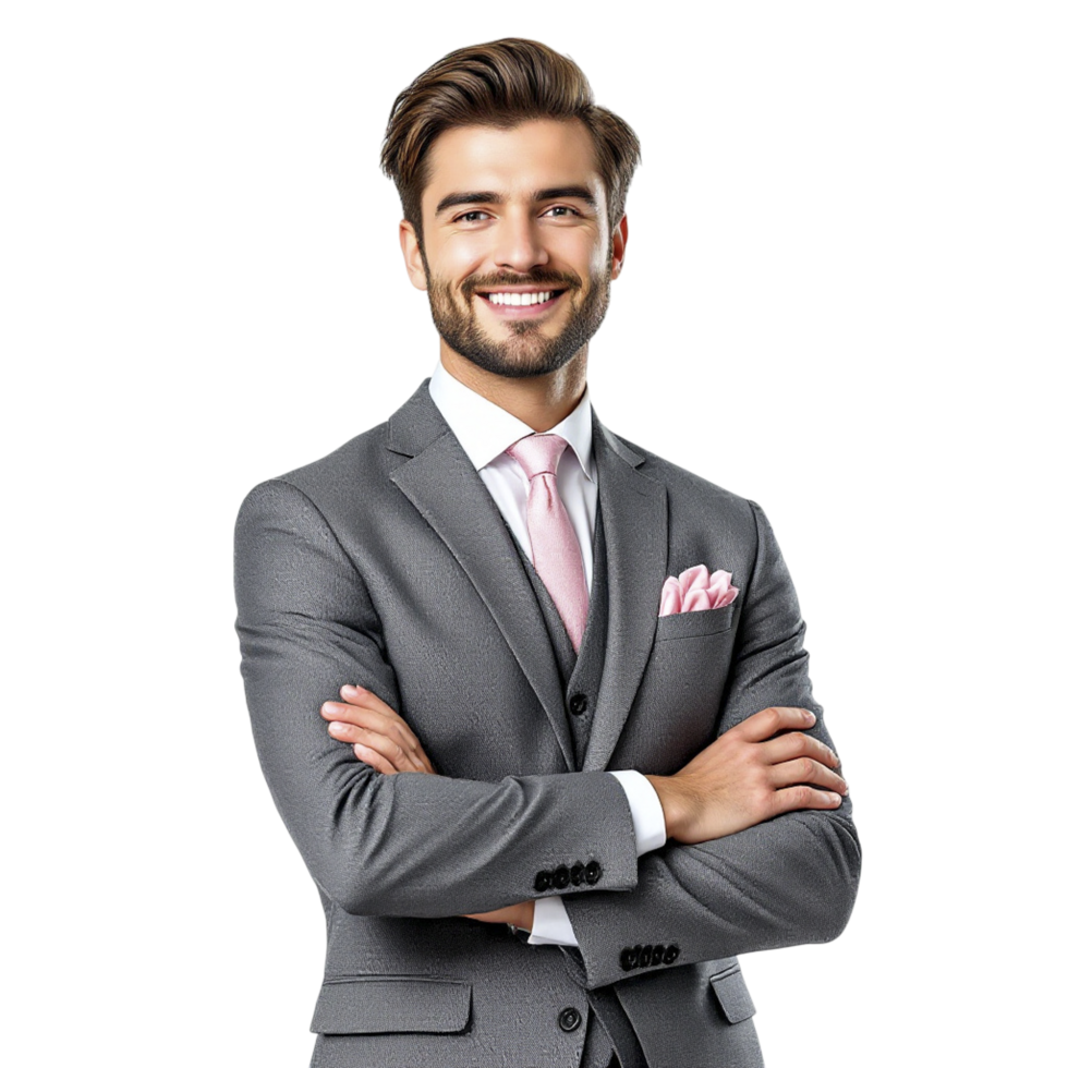 A man in a suit and tie standing with his arms crossed png