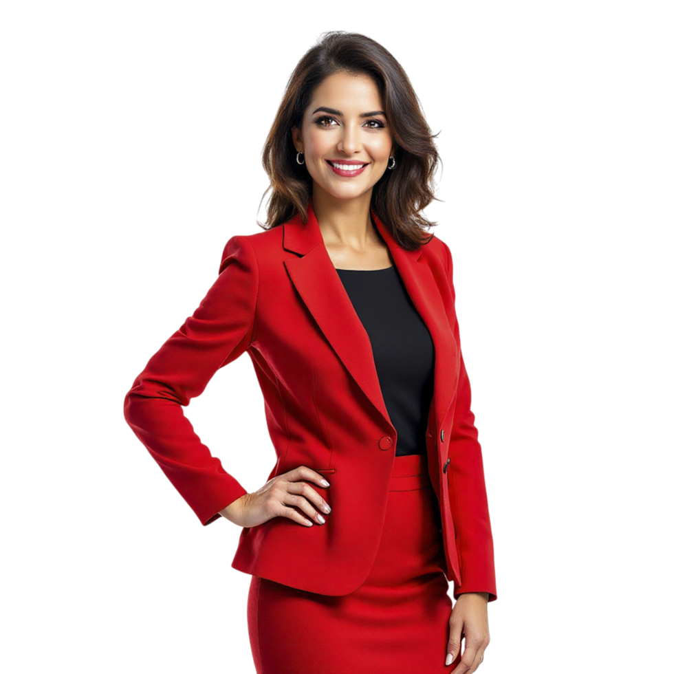 A beautiful woman in a red suit posing for the camera png