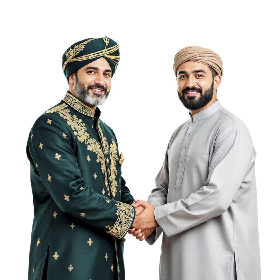 Two men in traditional clothing shaking hands png