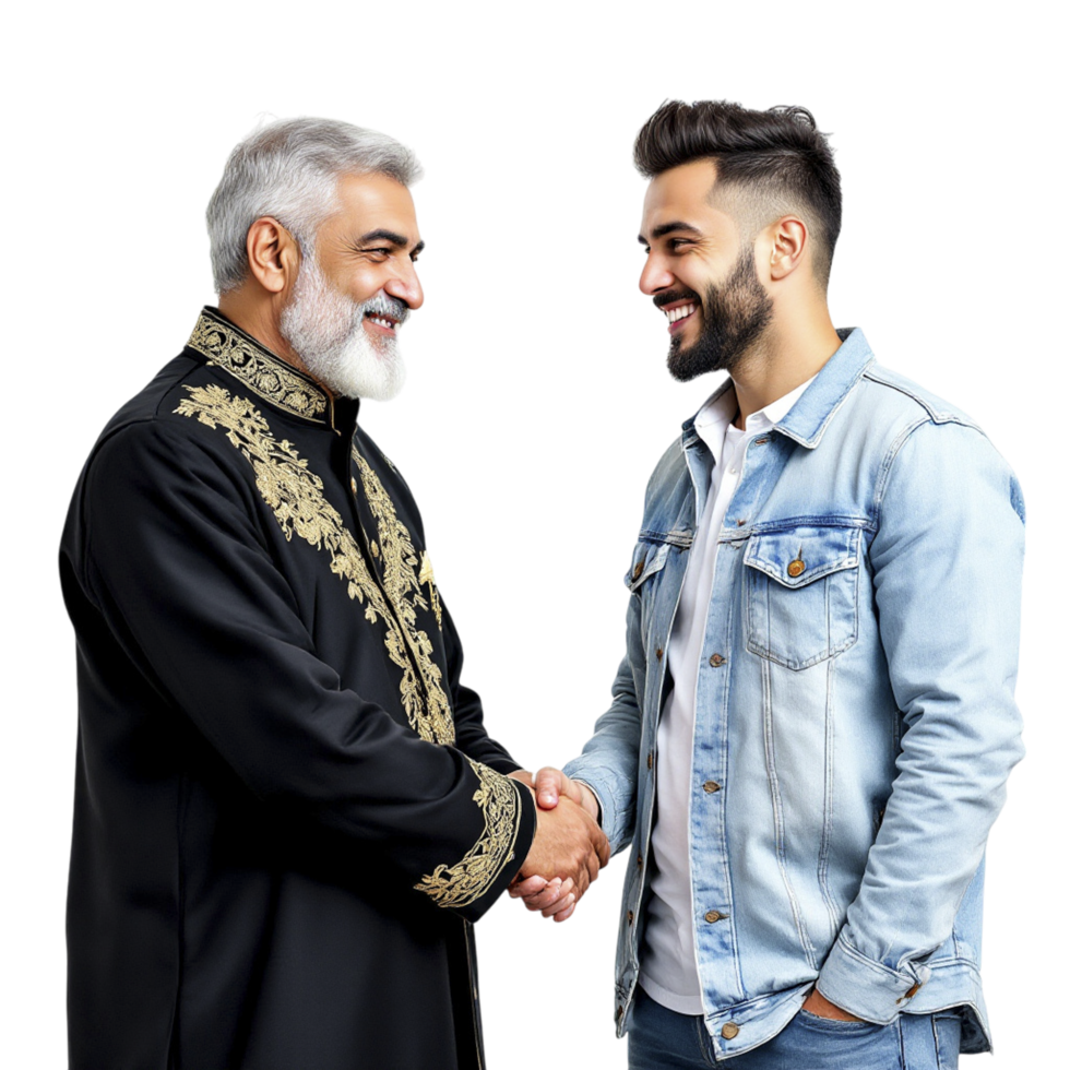 Two men shaking hands in front of a black background png