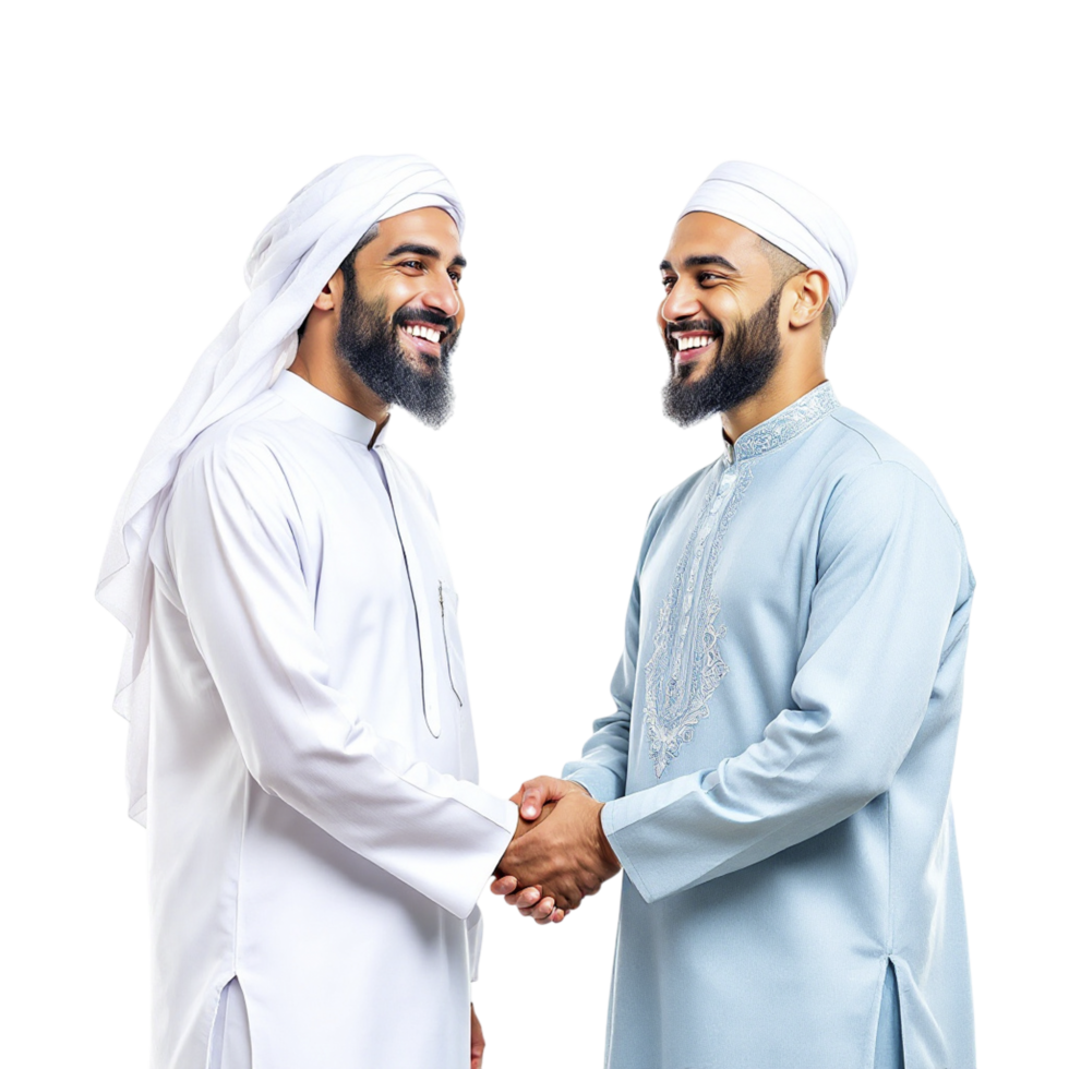 Two arabic men shaking hands on black background png