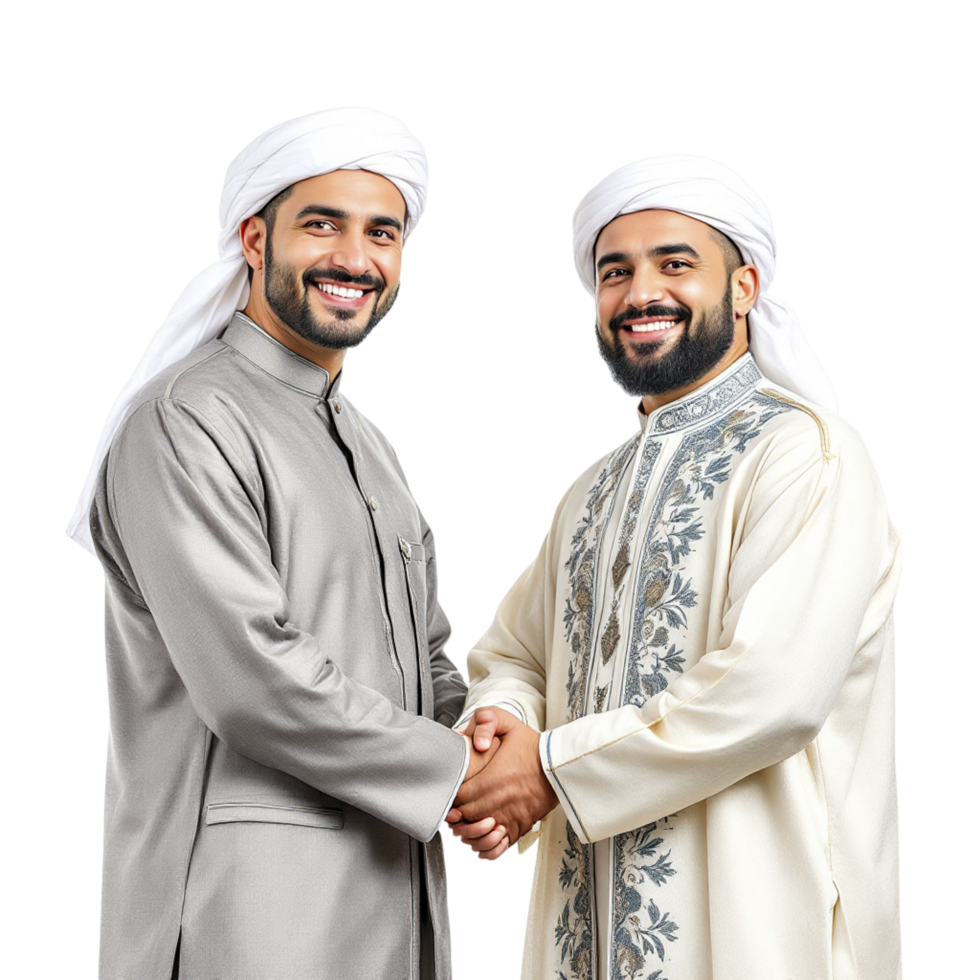 Two men in arabic clothing shaking hands png
