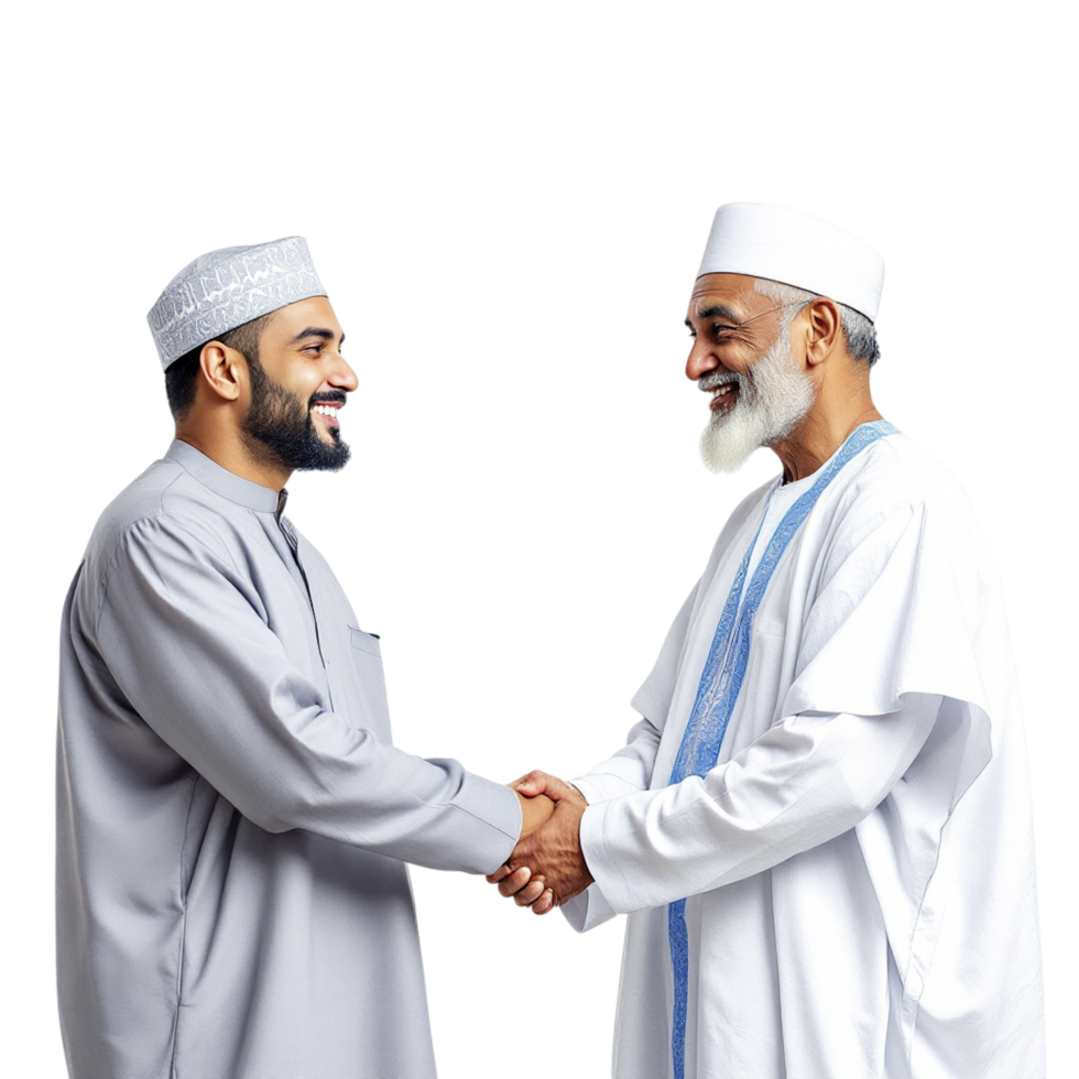 Two muslim men shaking hands on black background png