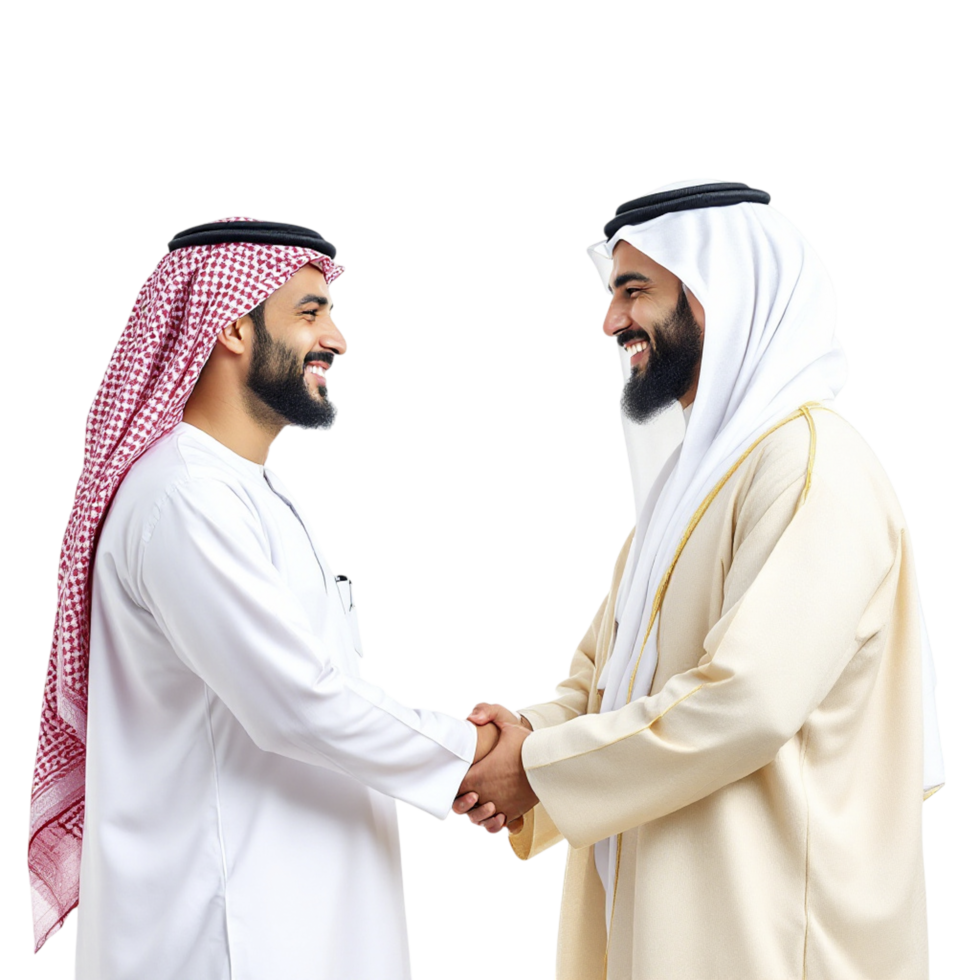 Two arabic men shaking hands on black background png