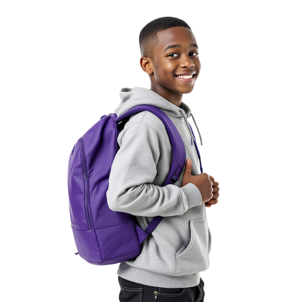 A young boy wearing a purple backpack png