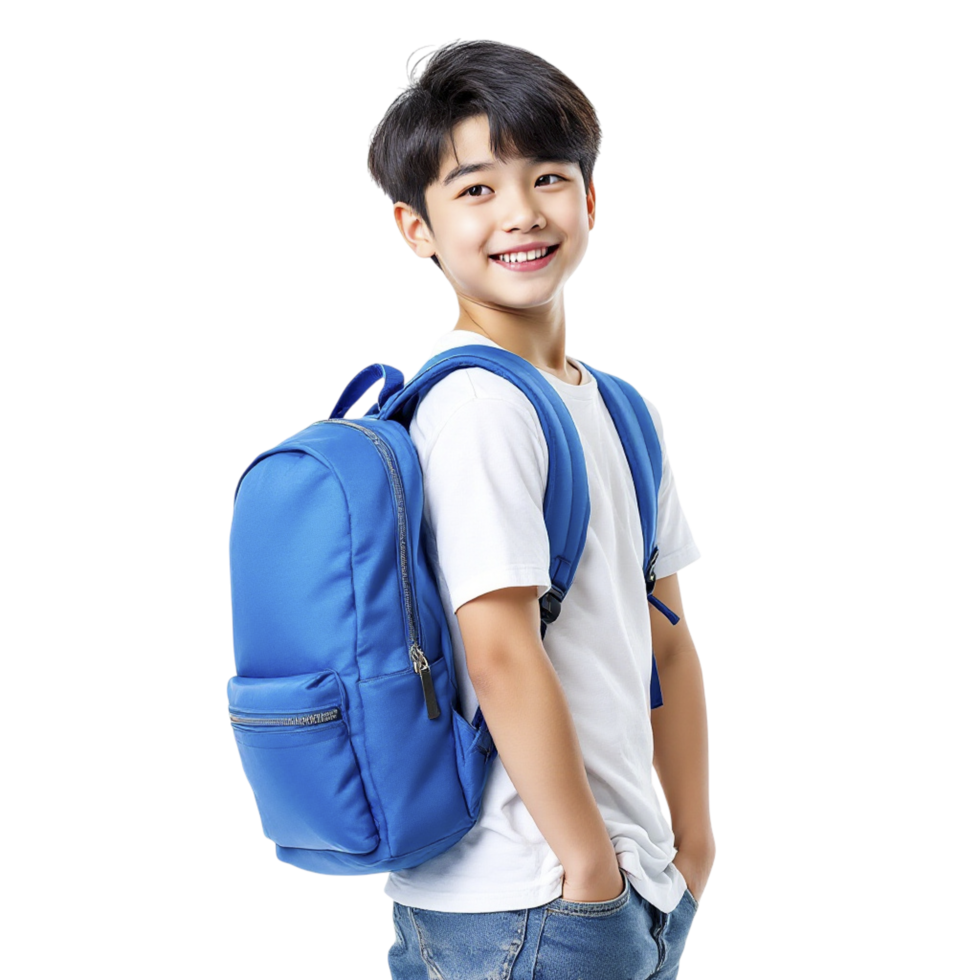A boy with a blue backpack standing in front of a black background png