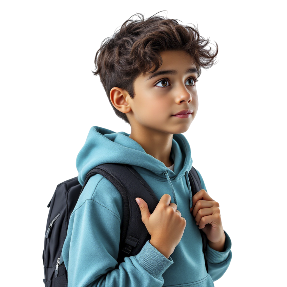 A young boy wearing a blue hoodie and backpack png