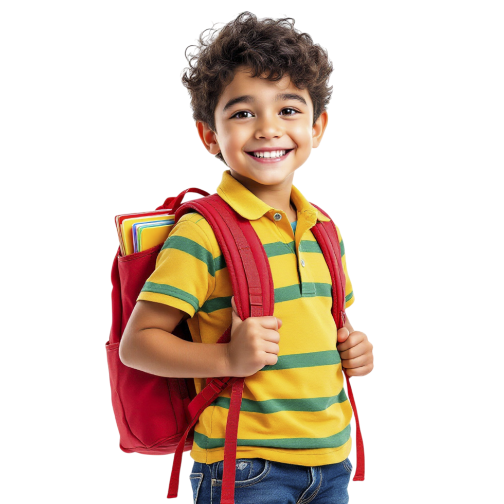 A young boy with a backpack and a smile png