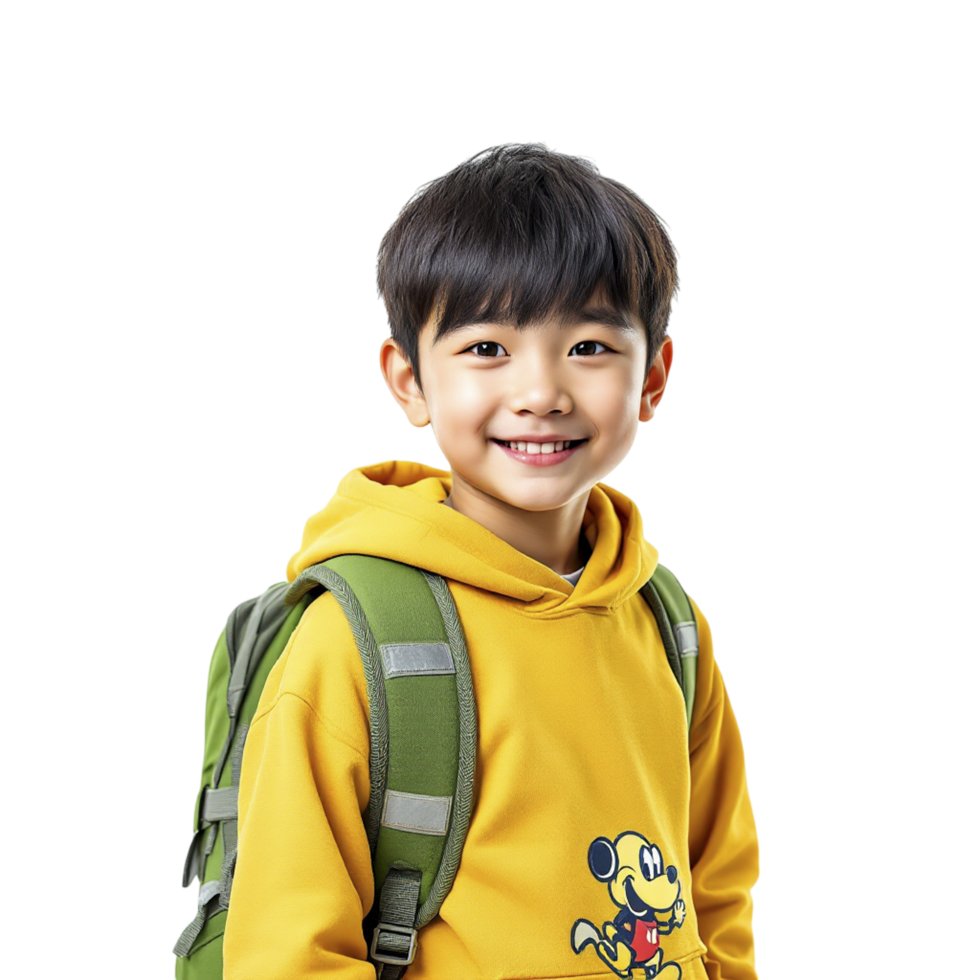 A young boy wearing a yellow hoodie and a green backpack png