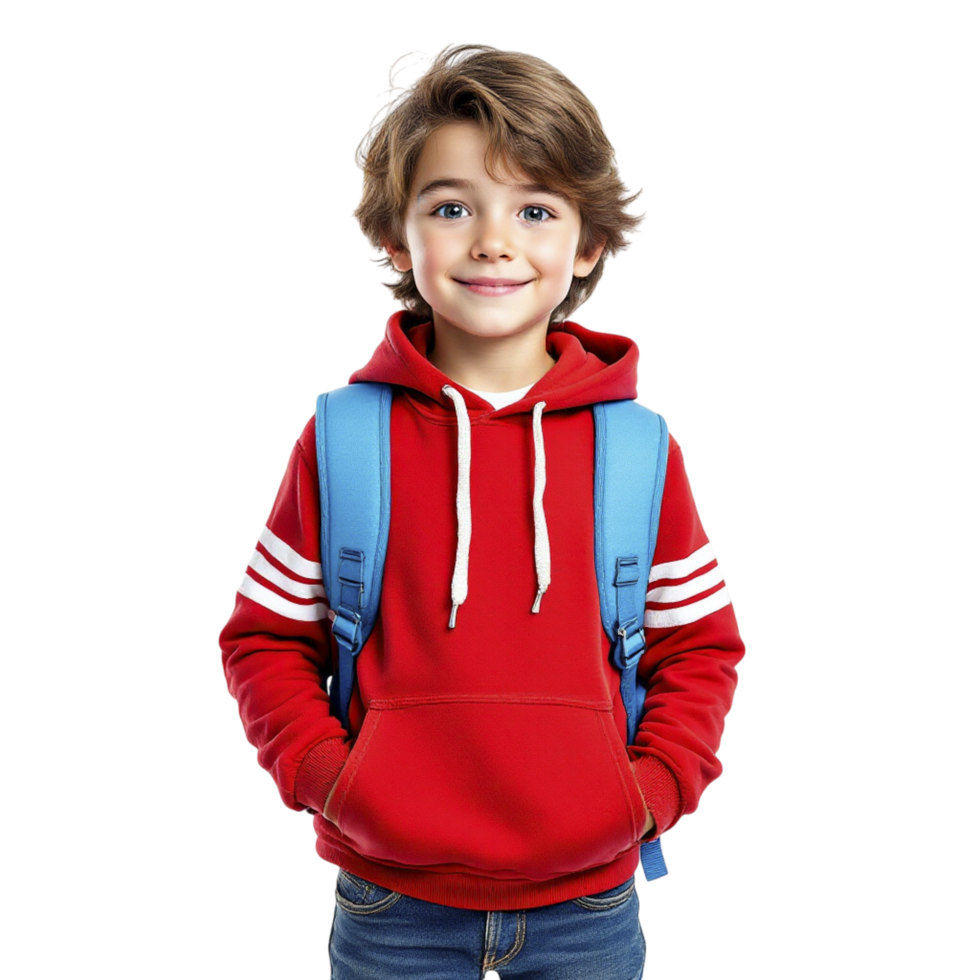 A young boy in a red hoodie and blue jeans png