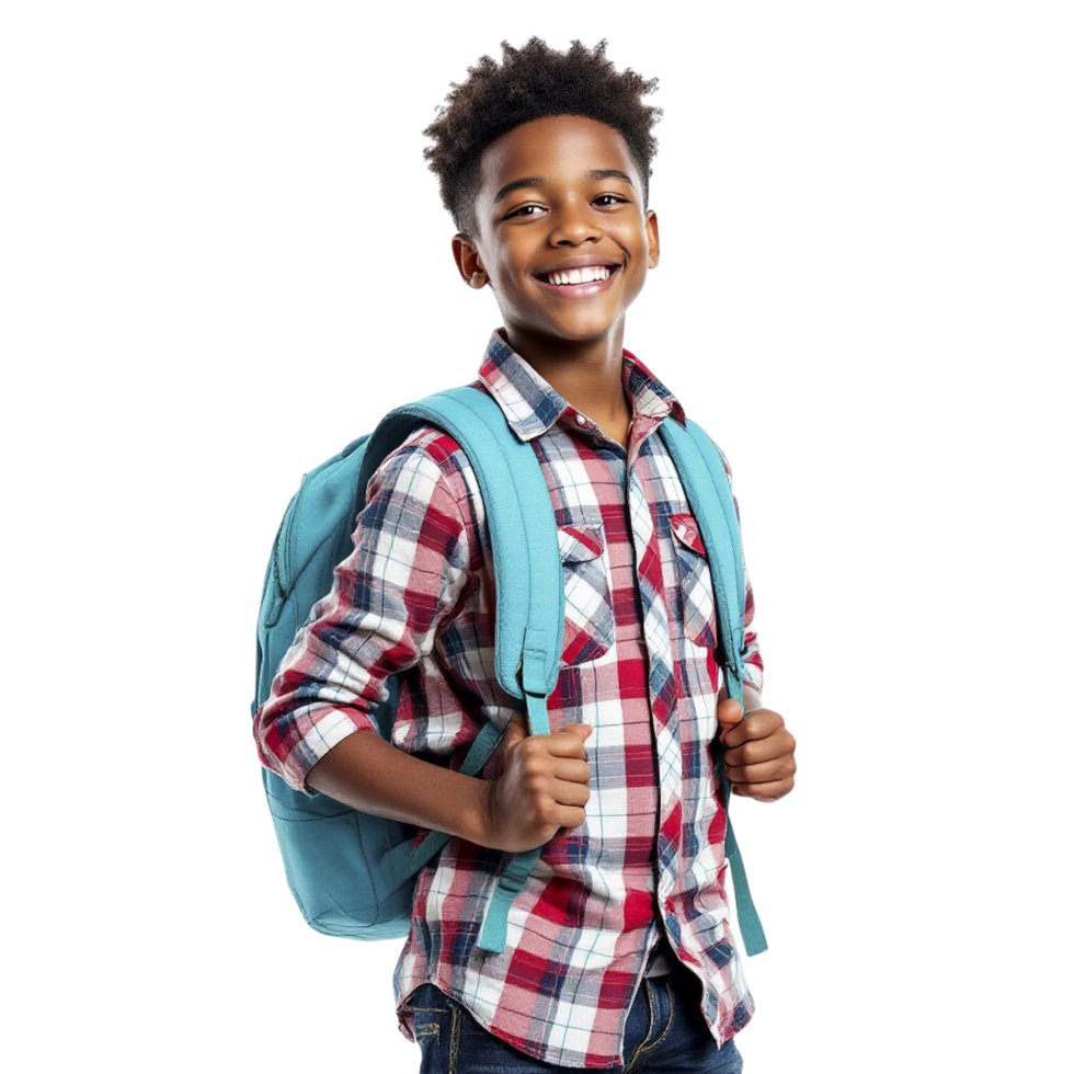 A young boy with a backpack and checkered shirt png