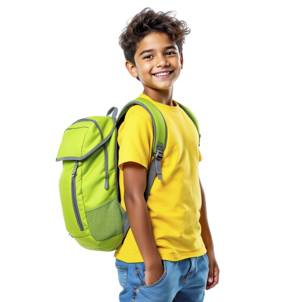 A young boy in yellow shirt and green backpack png