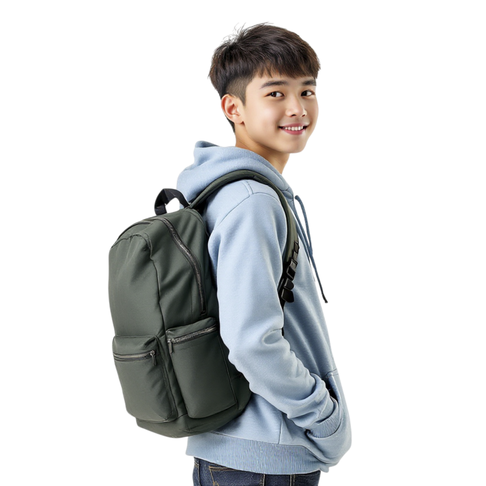 A young man in a blue sweatshirt and green backpack png
