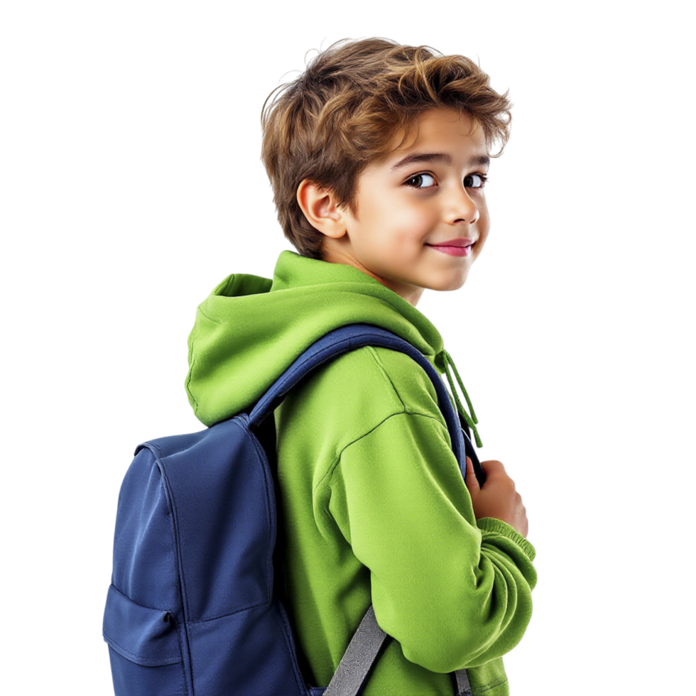 A young boy wearing a green jacket and a blue backpack png