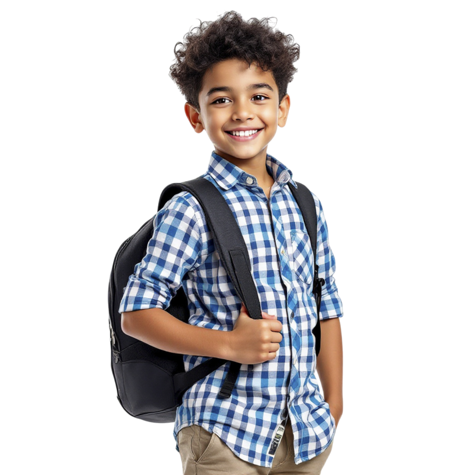 A young boy with a backpack and checkered shirt png