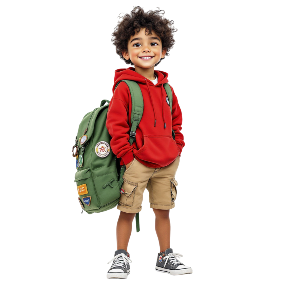 A young boy wearing a red hoodie and khaki shorts with a backpack png