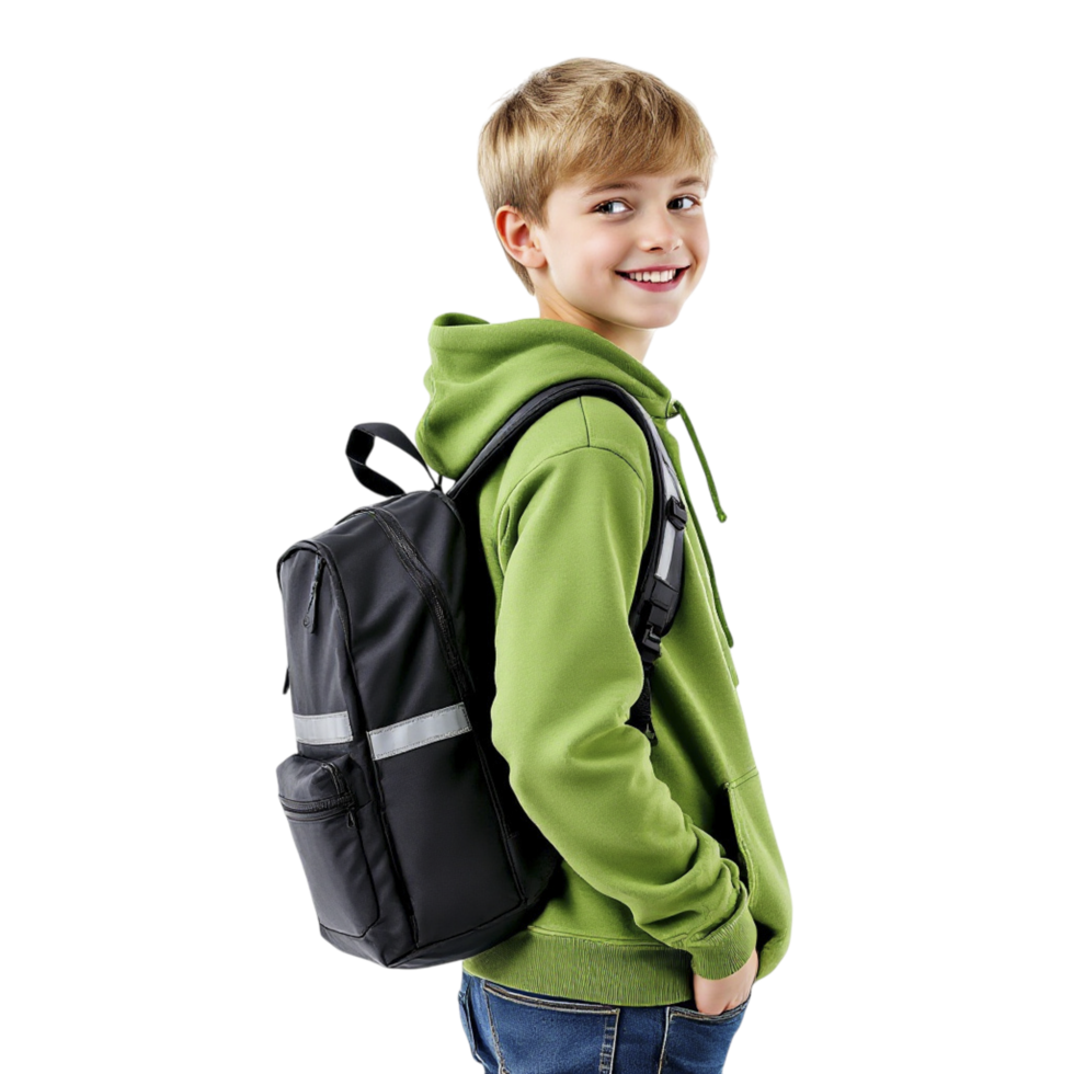 A boy in a green hoodie and black backpack png
