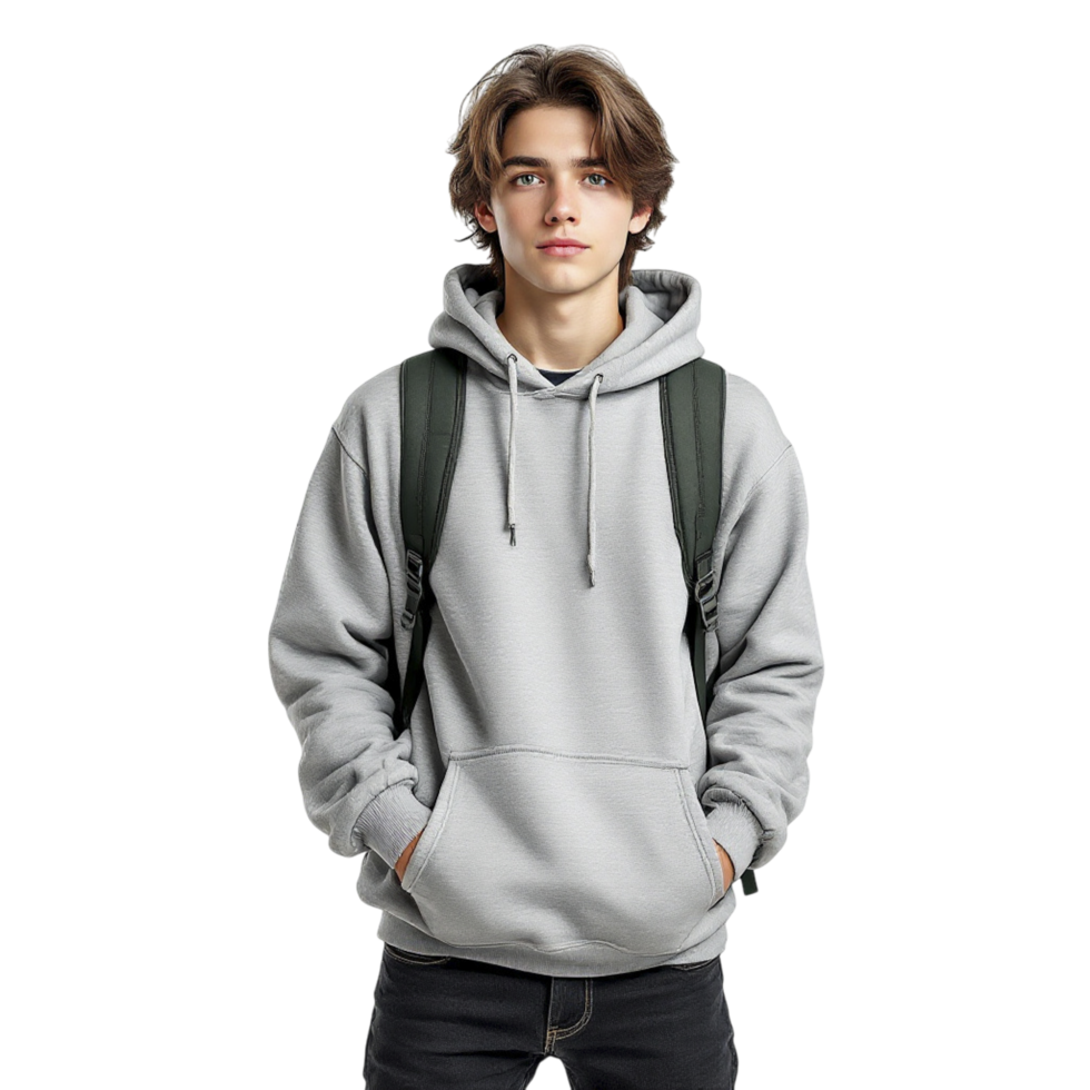 A young man in a grey hoodie and black jeans png