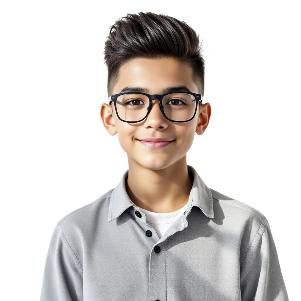 Portrait of a young boy wearing glasses on black background png