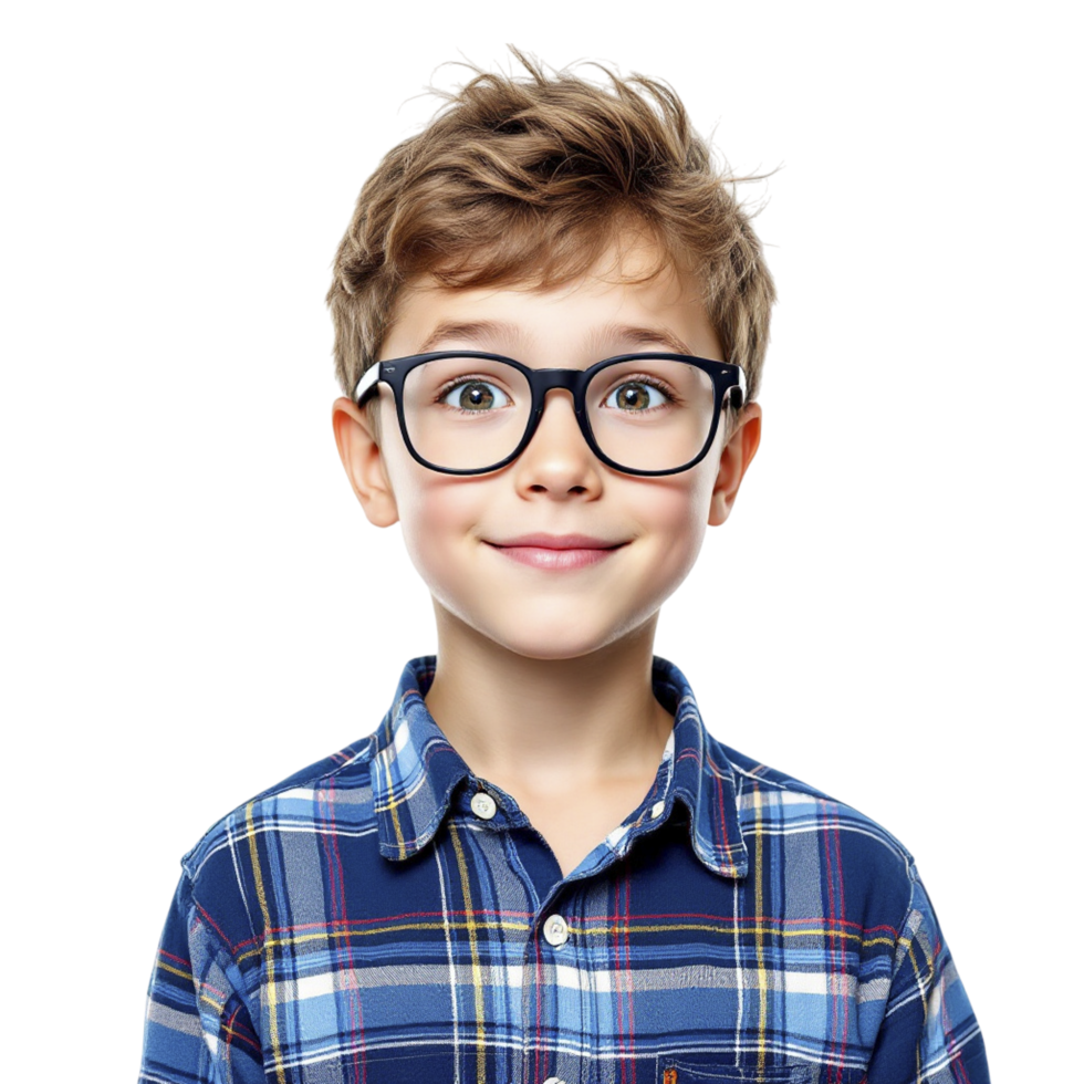 A young boy wearing glasses and a plaid shirt png