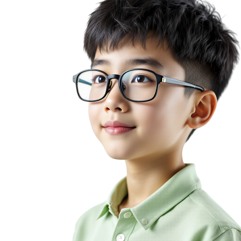 A young boy wearing glasses and a green shirt png