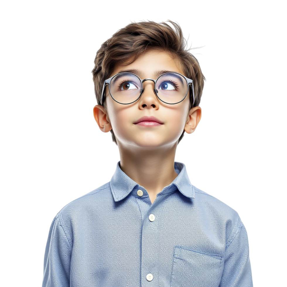 A young boy wearing glasses and looking up png