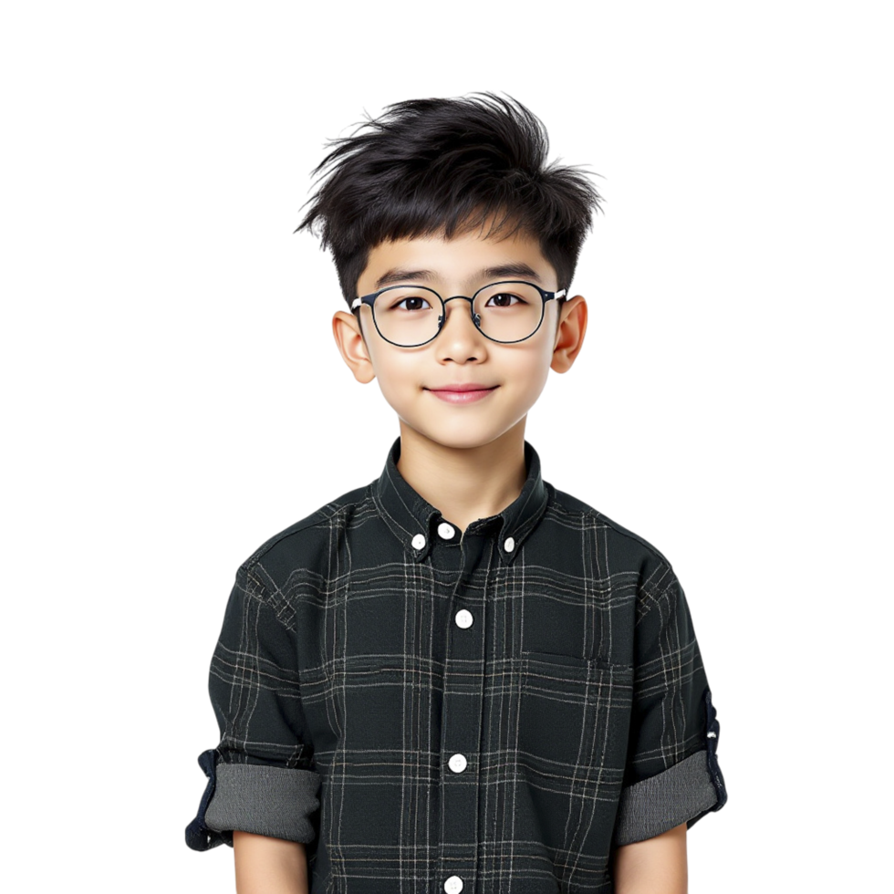 A young boy wearing glasses and a plaid shirt png