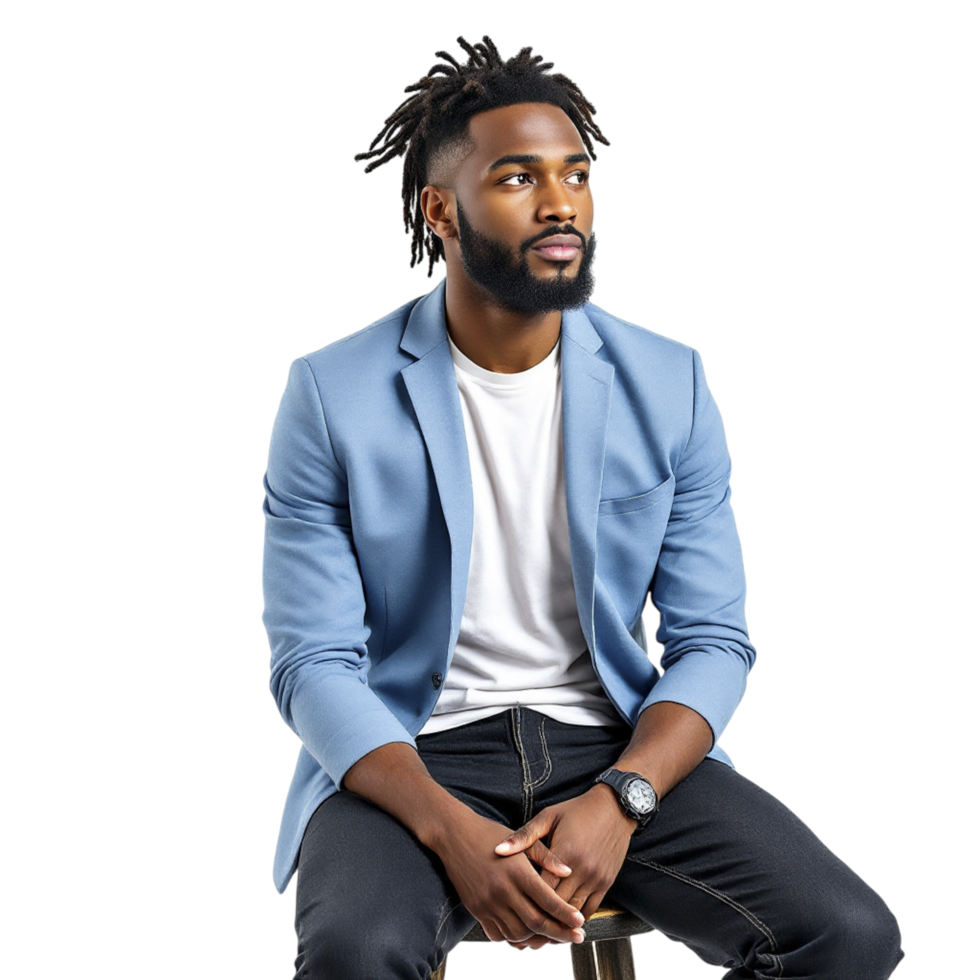 A man with dreadlocks sitting on a stool png