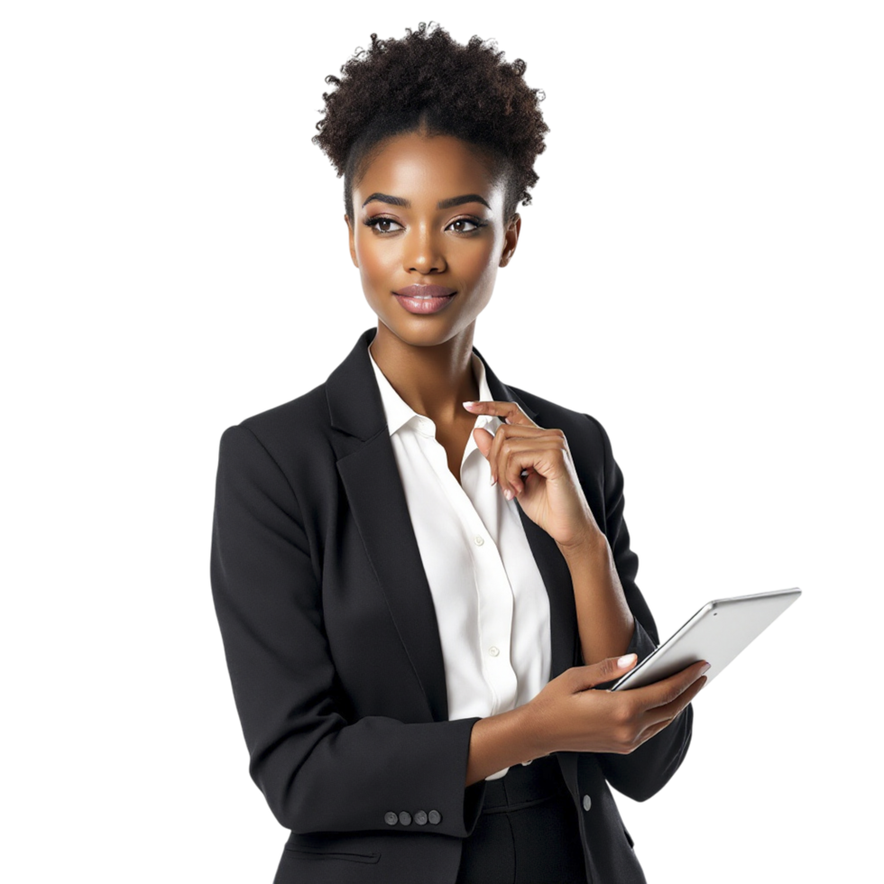 A beautiful young african american woman in a business suit holding a tablet png