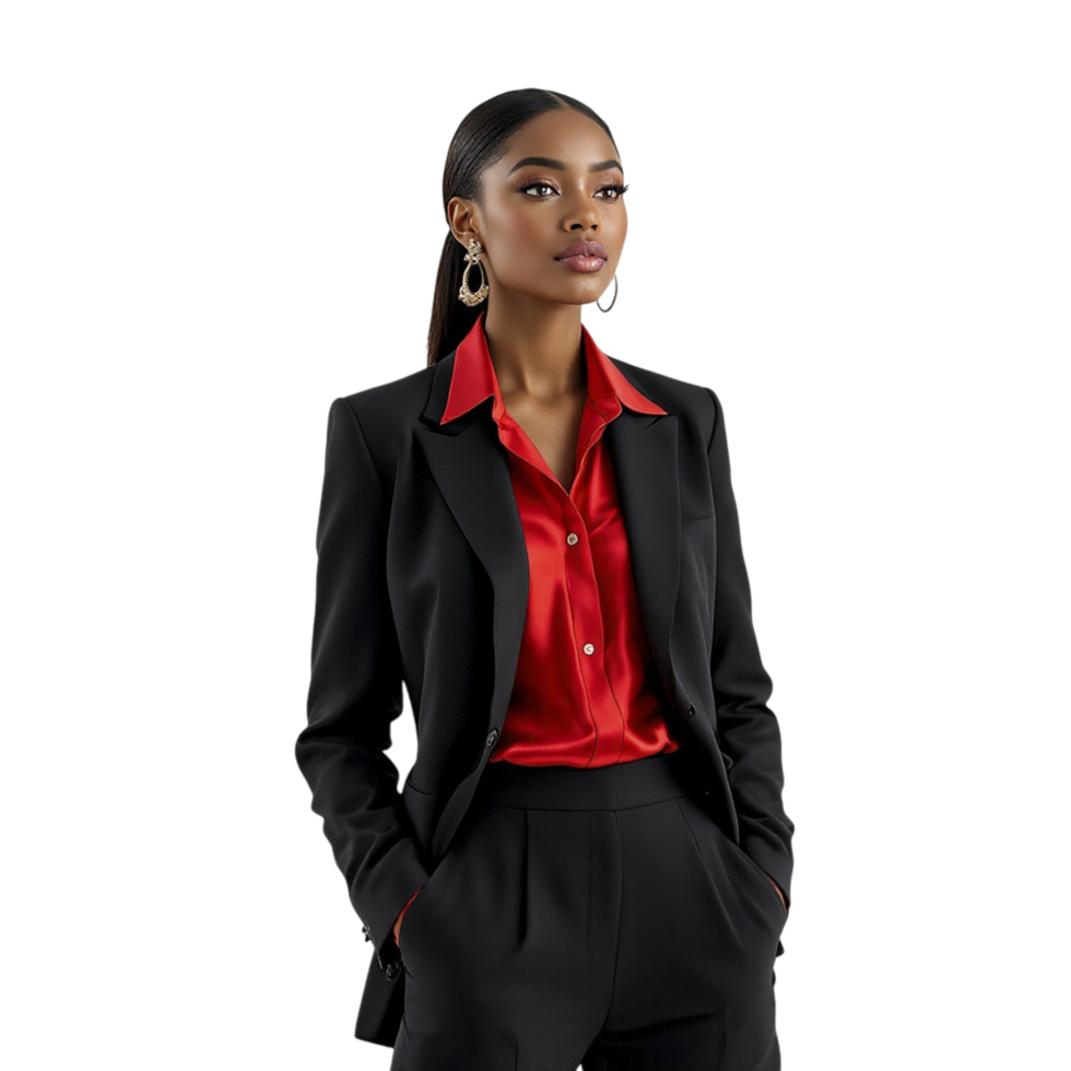 A woman in a black suit and red shirt png