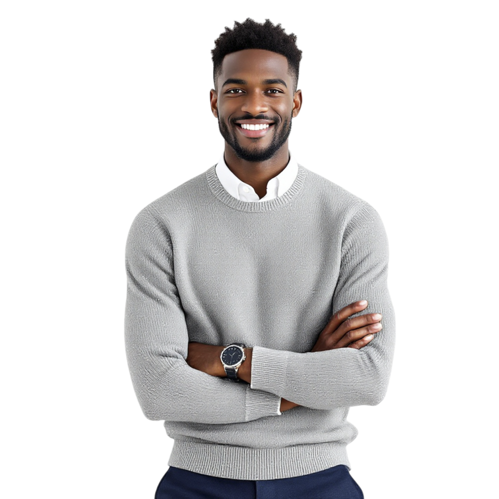 A smiling black man in a grey sweater png