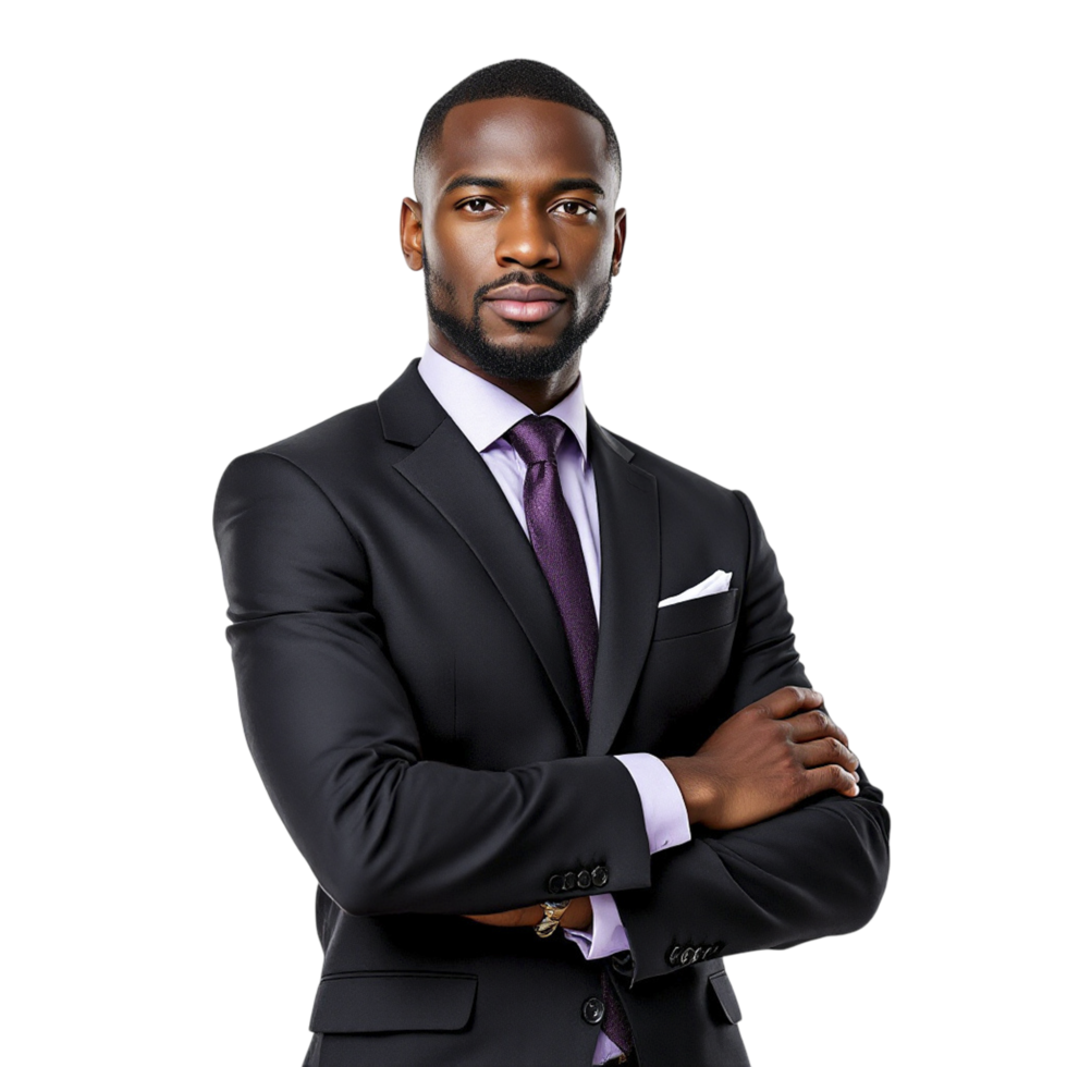 A black man in a suit and tie standing with his arms crossed png
