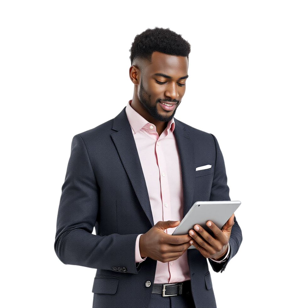 A man in a suit holding a tablet computer png
