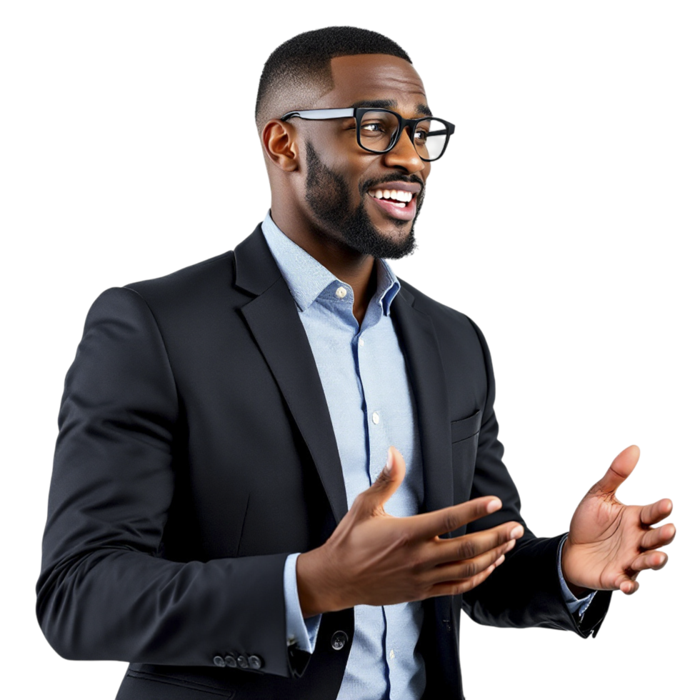 A man in a suit is gesturing and talking png
