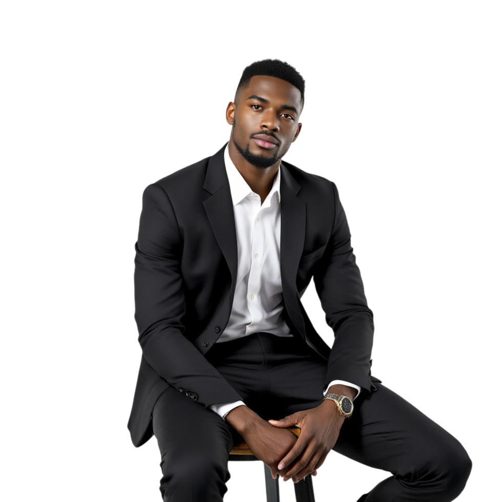 A man in a suit sitting on a stool png