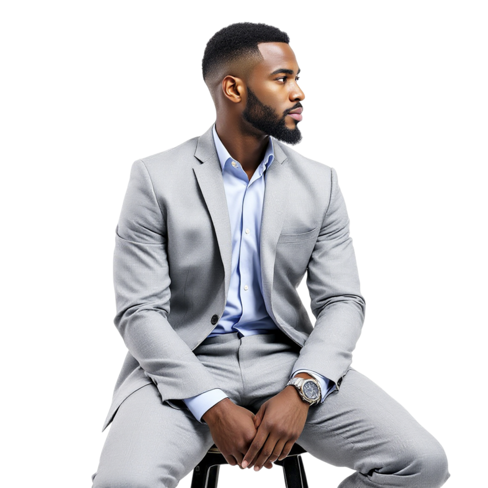 A man in a suit sitting on a stool png