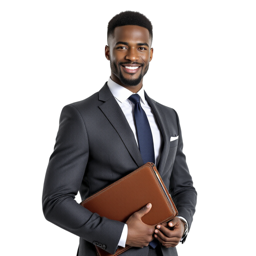 A smiling black man in a suit holding a folder png