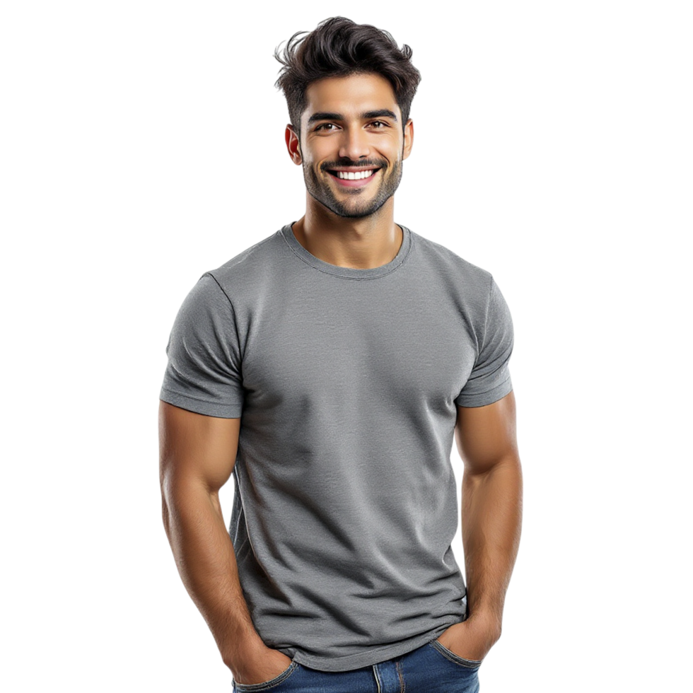 Smiling man in grey t-shirt png