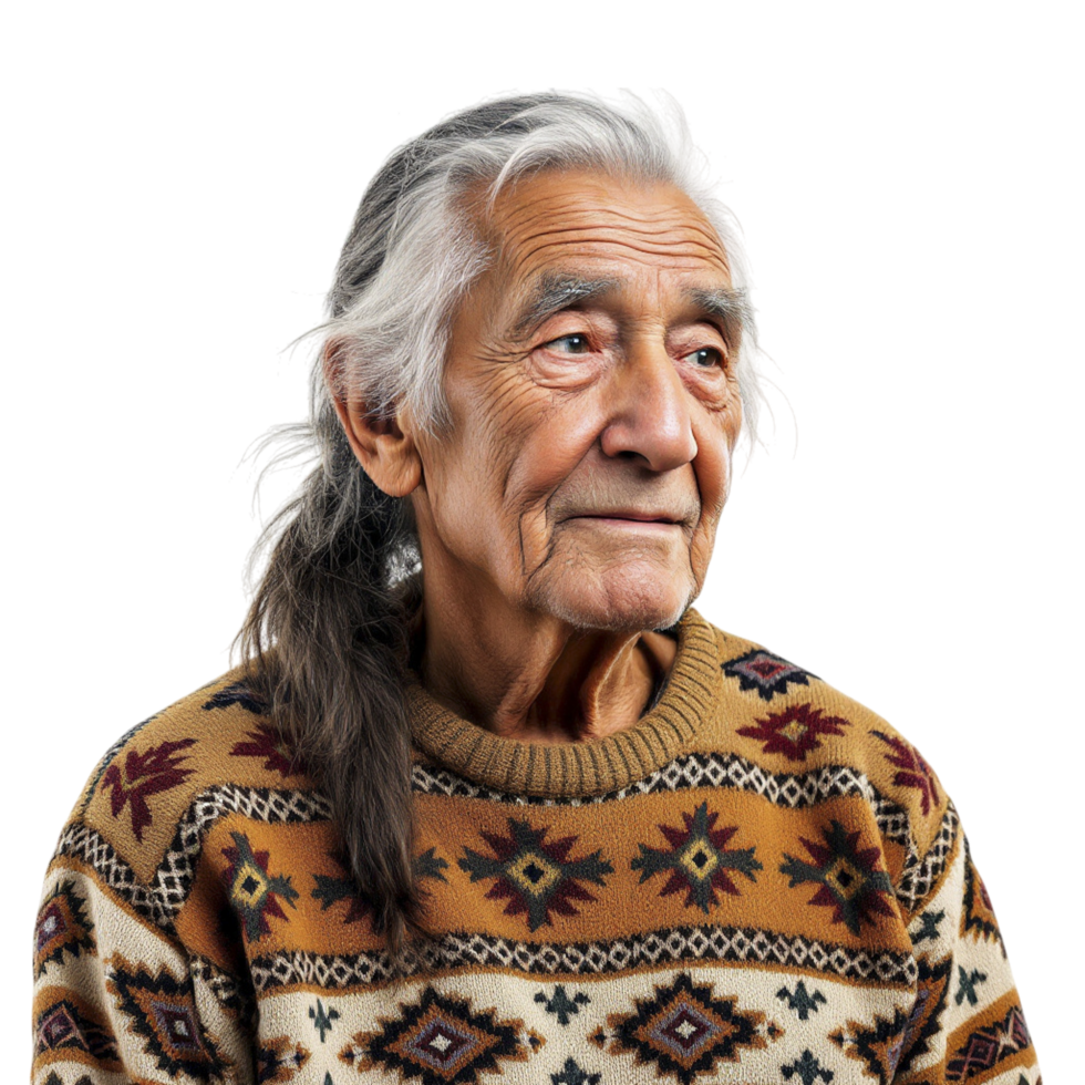 An old man wearing a sweater with a tribal pattern png