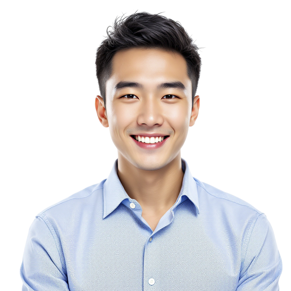 A man in a blue shirt smiling png