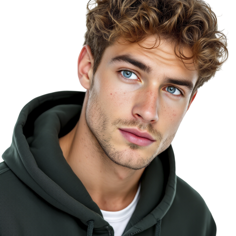 A young man with curly hair and blue eyes png