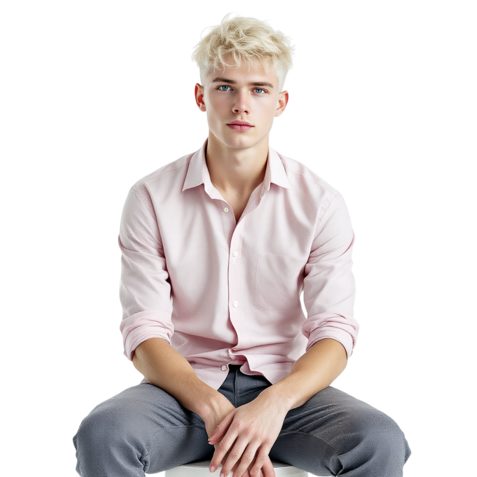 A man in a pink shirt and grey pants sitting on a stool png