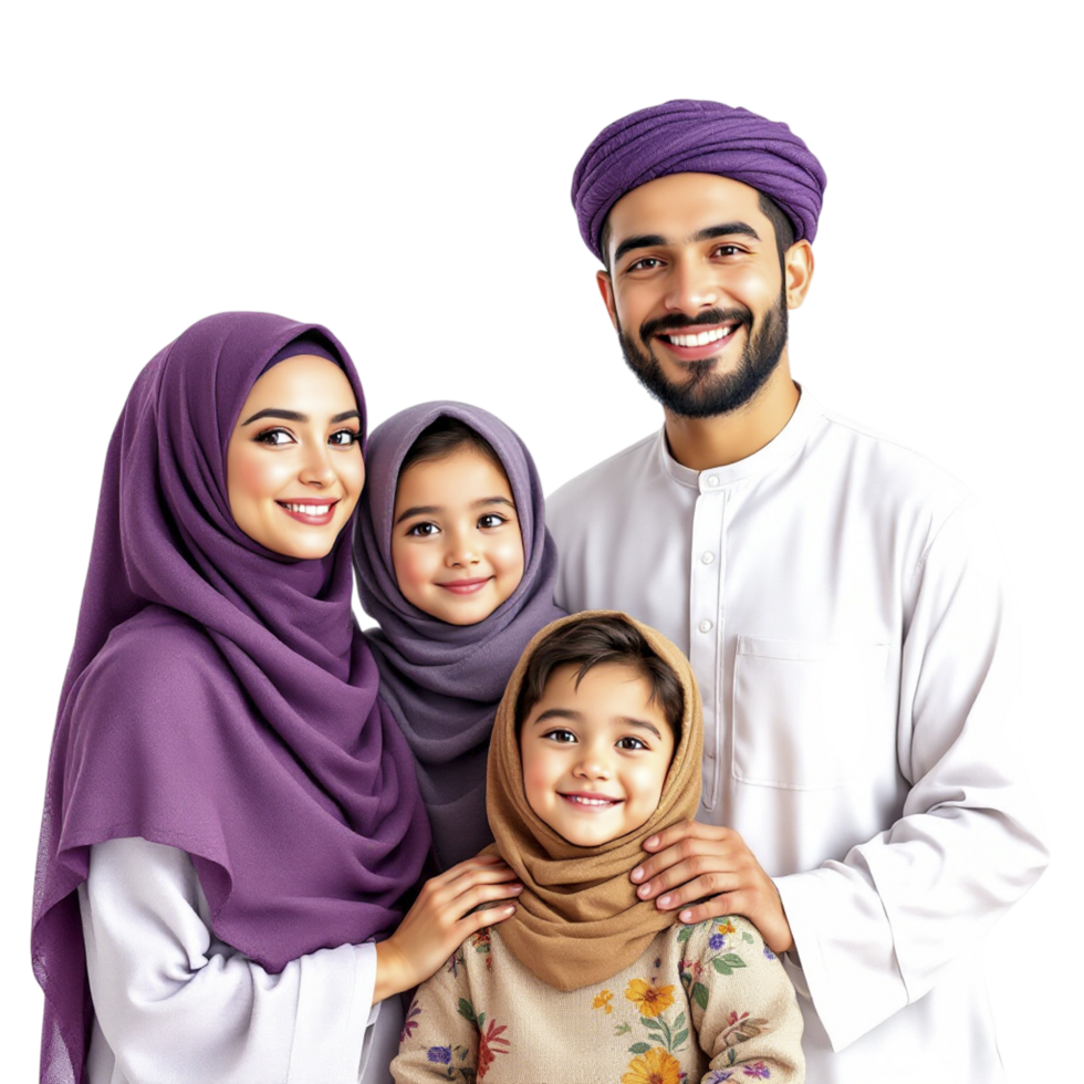 Muslim family with children isolated on black background png