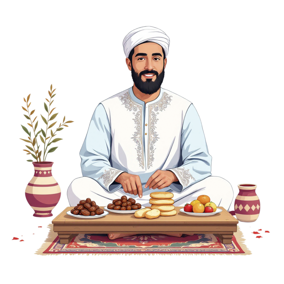 A man in traditional clothing sits down with food on a table png