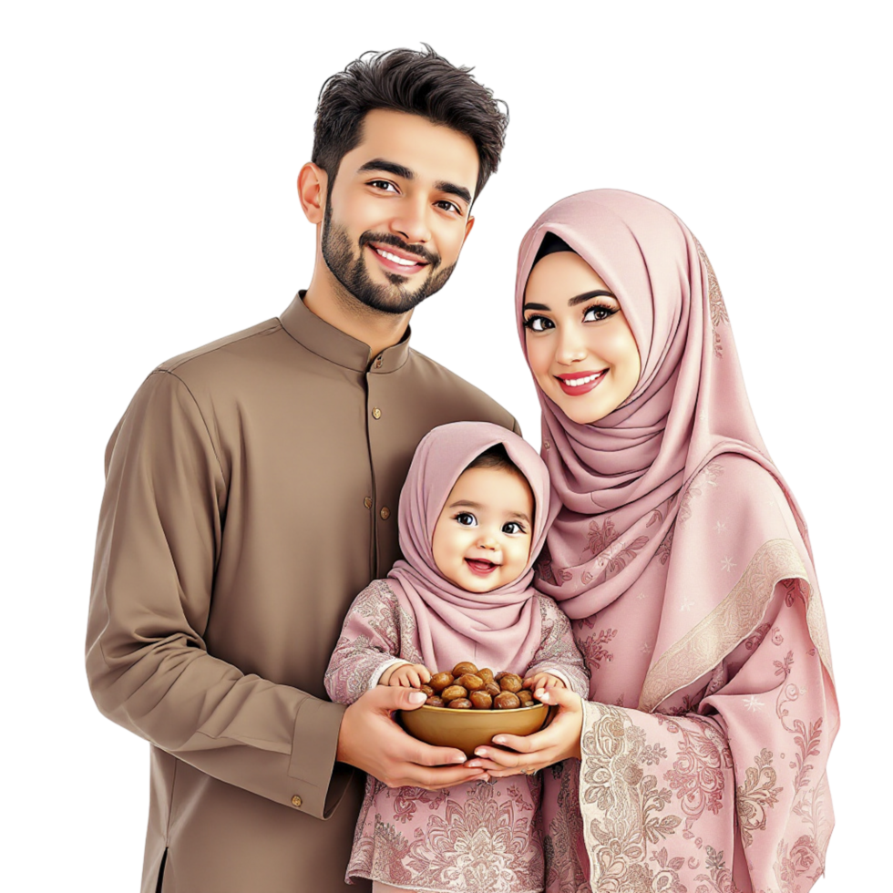 A muslim family with a baby and a bowl of nuts png