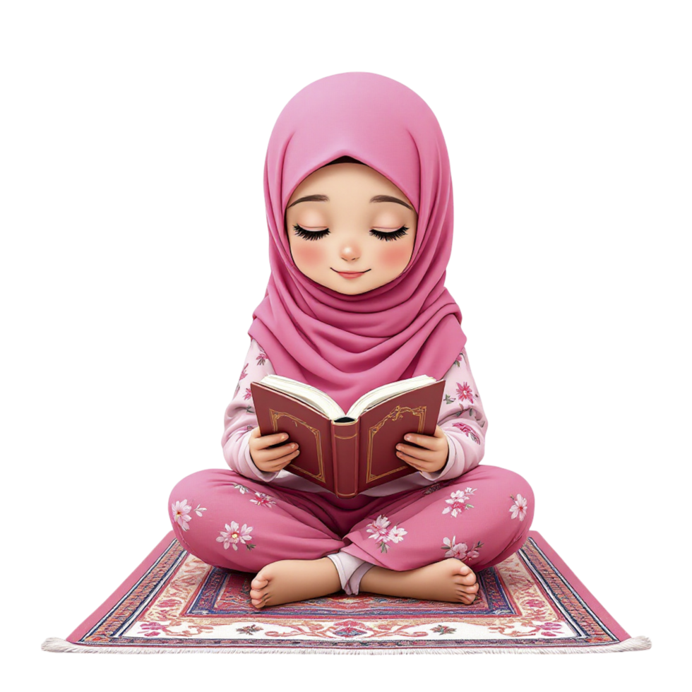 A little girl in pink is reading a book png