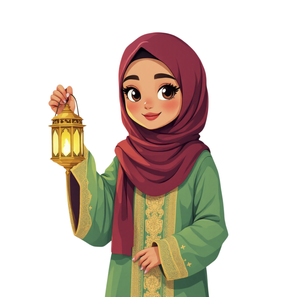 Cartoon muslim girl holding a lantern png