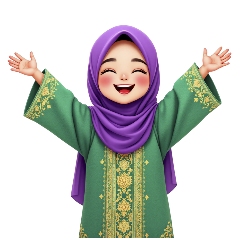 An animated muslim girl with her hands up in the air png